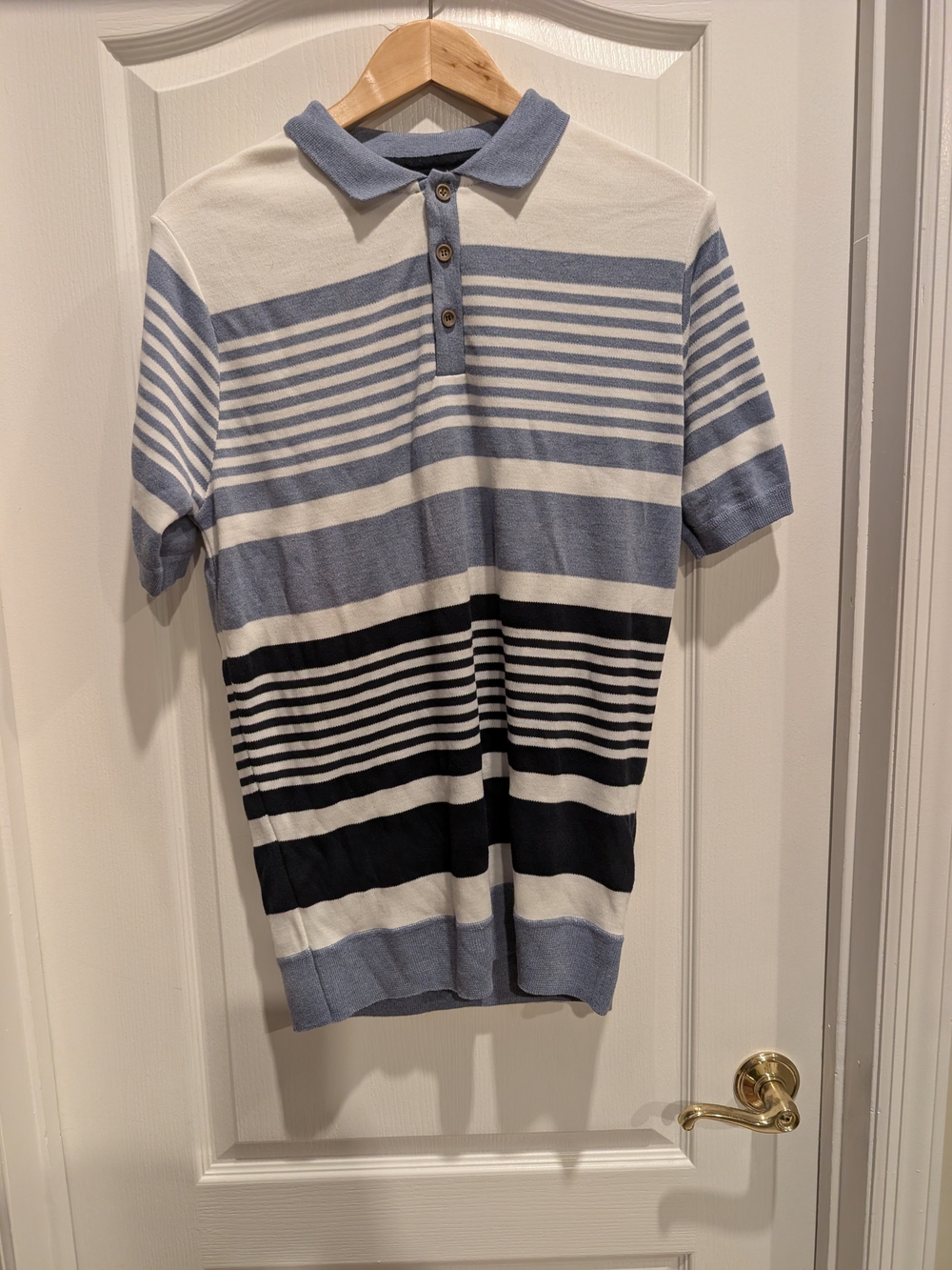 Stitches & Rivets Men’s L Blue White Navy Striped Knit Polo Shirt